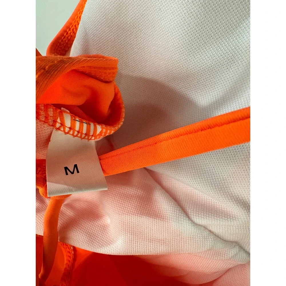 Neon Orange High Cut‎ Plunge One Piece Swimsuit Lace Up Back Medium